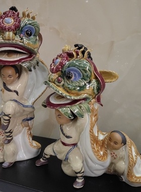 陶瓷舞醒狮子手工摆件送礼手信