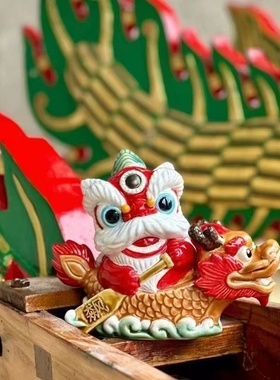 石湾公仔陶瓷喜狮飙龙船手工摆件陶瓷家居摆设国潮醒狮爬龙舟礼品