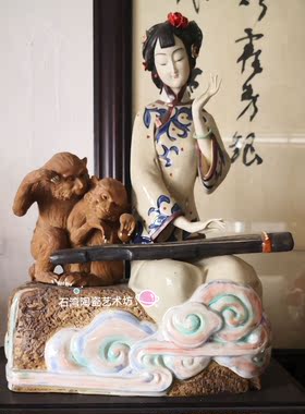 石湾公仔陶瓷仕女猴子装饰摆件