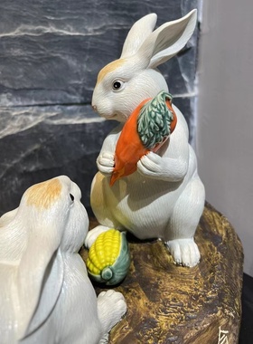 陶瓷生肖小白兔玉兔手工摆件