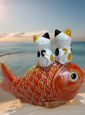 陶瓷锦鲤鱼招财猫手工摆件