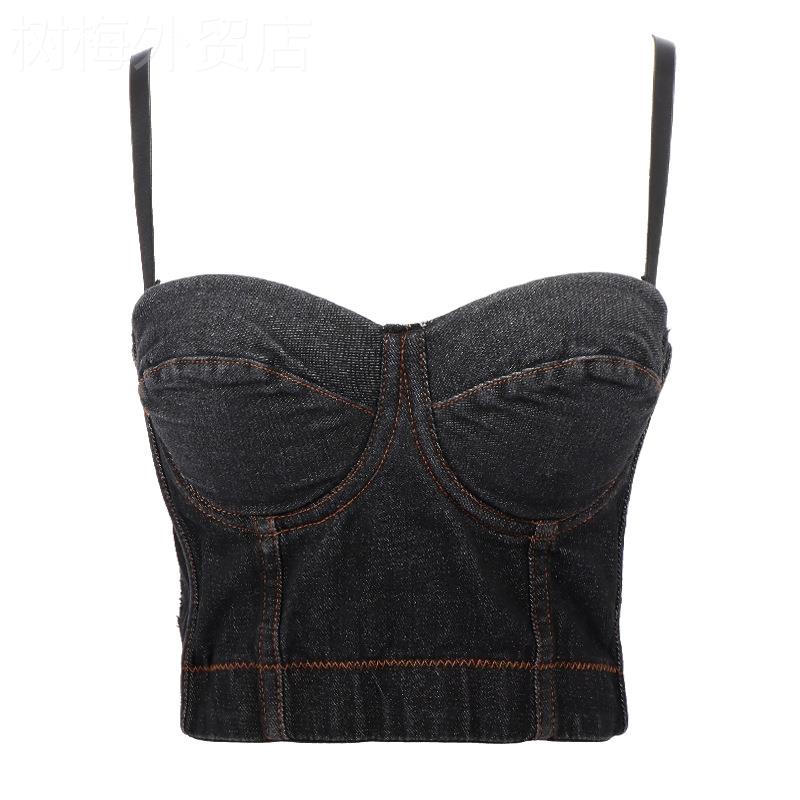 Denim camisole tops for women牛仔吊带背心欧美短款修身性感露 - 图1