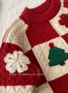 Women's sweater top秋冬新款毛衣女小童秋冬装红色圆领条纹上衣