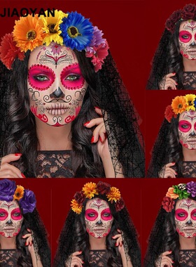 New Halloween headband万圣节发箍彩色仿真花朵面纱头箍暗黑发饰