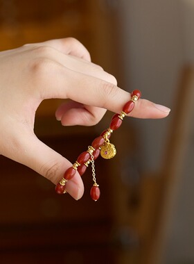 【怀瑾】天然红玛瑙手链女福包吊坠手串送女友红玛瑙国风生日礼物