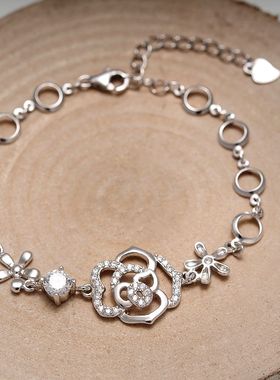 保真纯银清新满钻玫瑰花手链