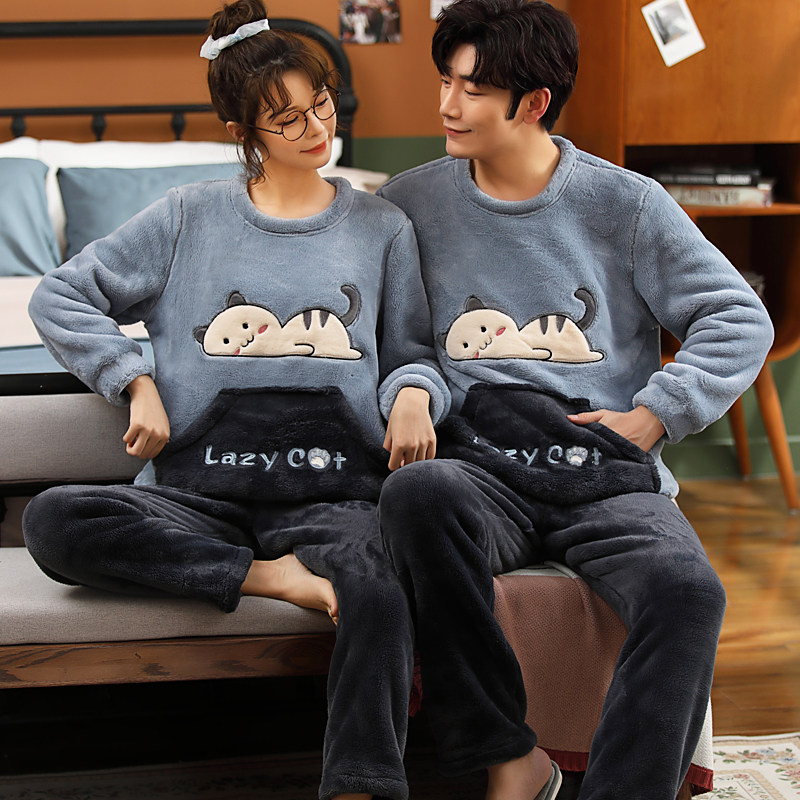 情侣睡衣珊瑚绒加厚加绒口袋卡通猫咪秋冬季法兰绒一男一女家居服,淘宝优惠券,粉丝福利购,淘宝优惠卷