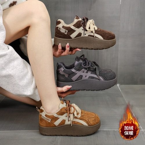 厚底软皮复古德训鞋女2025新款冬季加绒系带休闲鞋百搭运动板鞋子 - 图2