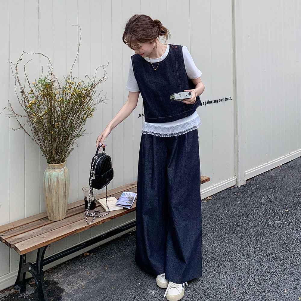 罗芬 故事面料女装官方实拍深蓝色复古牛仔马甲套装女2025年夏季,淘宝优惠券,粉丝福利购,淘宝优惠卷