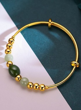 2026古法沙金金镶玉三珠玛瑙推拉手镯 时尚圆珠转运珠绿色手环可