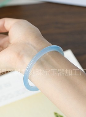 2026天然冰种玉髓手镯浅蓝色玛瑙冰种女士圆条玉石镯子少女款美人