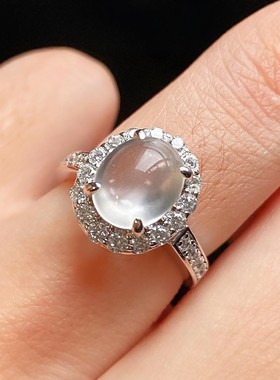 2026天然冰透灰玛瑙白玉髓覆古戒指女简约时尚气质高级感椭圆蛋面