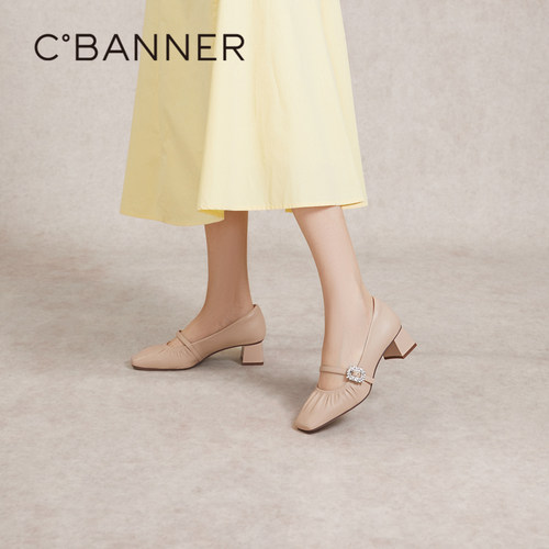 【静音系列】千百度法式褶皱粗高跟鞋秋季新款通勤羊皮单鞋女 - 图1