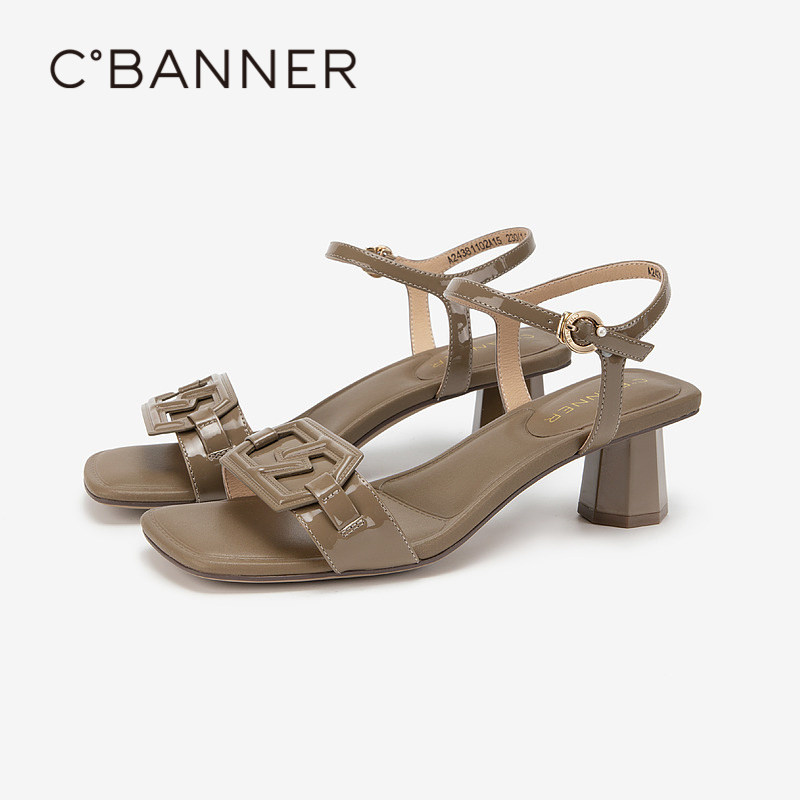 千百度双C拥抱粗高跟时装凉鞋女夏季新款一字带真皮休闲凉鞋,淘宝优惠券,粉丝福利购,淘宝优惠卷