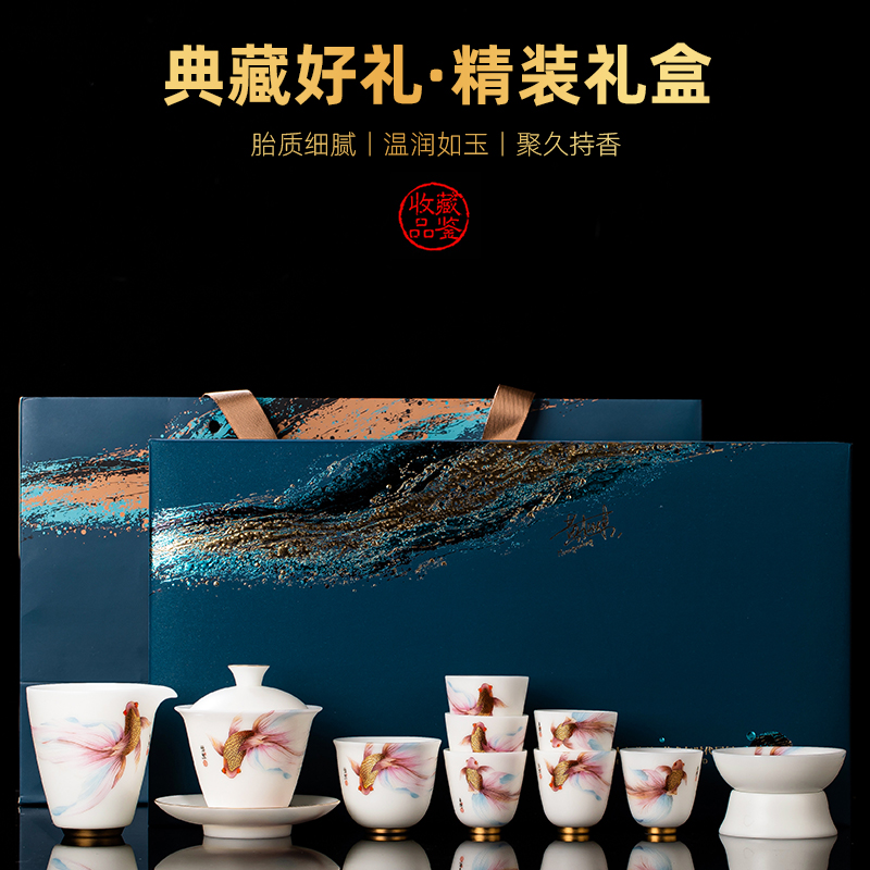 匠仙黄旭东羊脂玉白瓷盖碗茶杯单个三才茶碗带盖泡茶高端飞鱼女士-图0