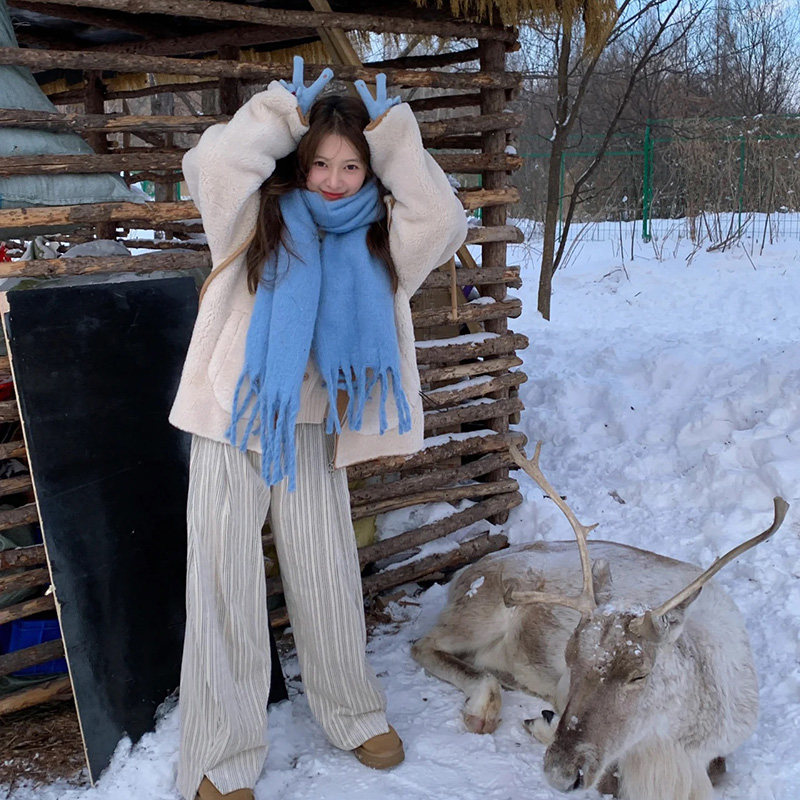 高定版！双面加厚款女士蓝色围巾2024秋冬季男韩系氛围感冬天围脖,淘宝优惠券,粉丝福利购,淘宝优惠卷