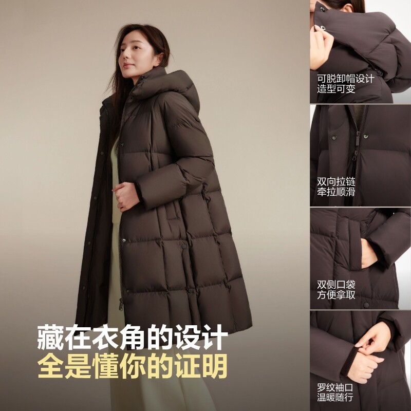 波司登奥莱冬季女经典都市休闲低饱和色系长款连帽羽绒服 绒都实拍商品图