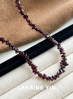 复古百搭暗红色石榴石项链爆款天然石串珠项链长款毛衣链锁骨链