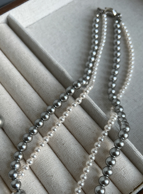 欧美小众施家珍珠灰色双层项链