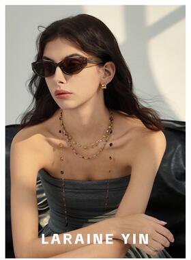 原创设计小众叠戴虎眼石串珠项链秋冬毛衣链欧美风