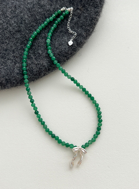 小众设计绿色天然石串珠项链925纯银蝴蝶结吊坠锁骨链新中式古风
