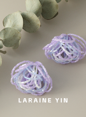 LARAINE YIN手工串珠花朵耳环 浅紫蓝渐变清新甜美少女心耳饰耳夹