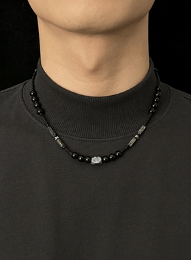 中式原创天然石黑色串珠锁骨链