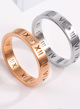 18K玫瑰金钛钢镶钻情侣戒指