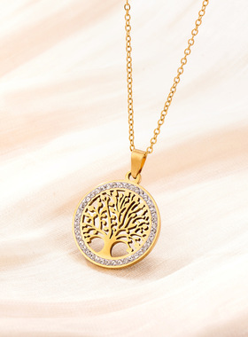 镶钻镂空生命树男士项链小众