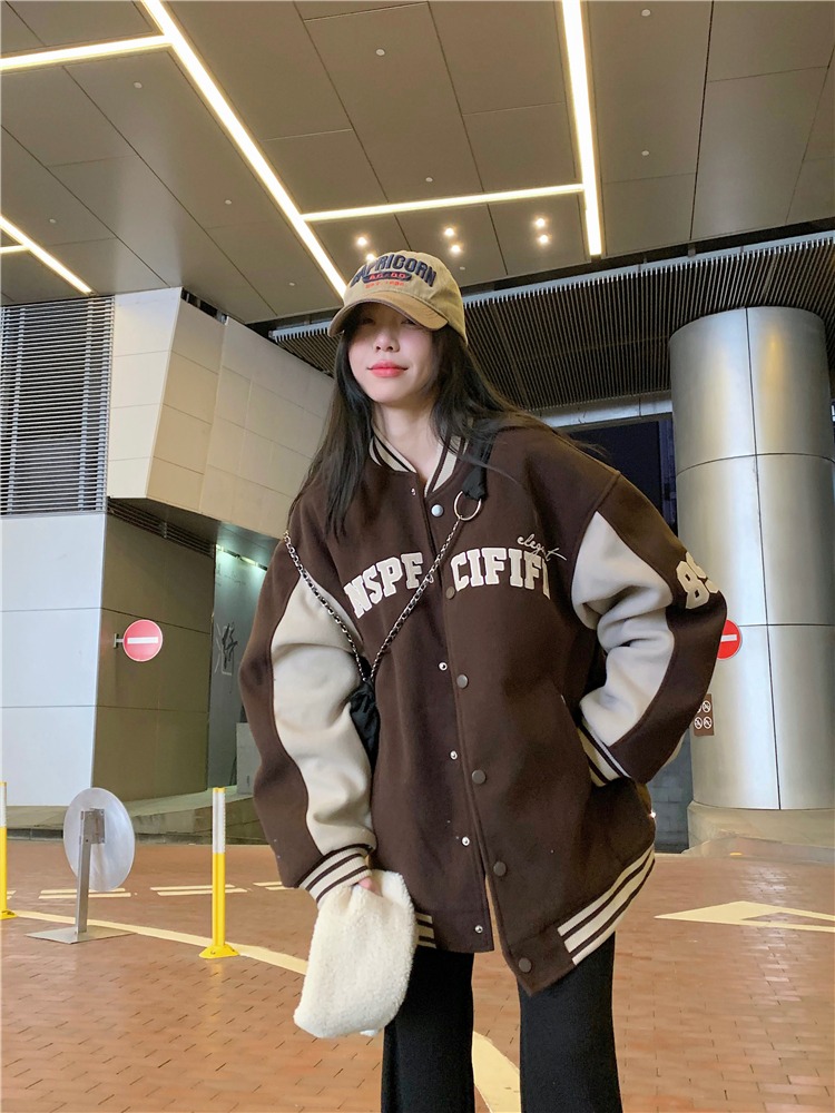 时尚女装~秋冬呢子拼接棒球服复古港风甜酷长袖夹克外套