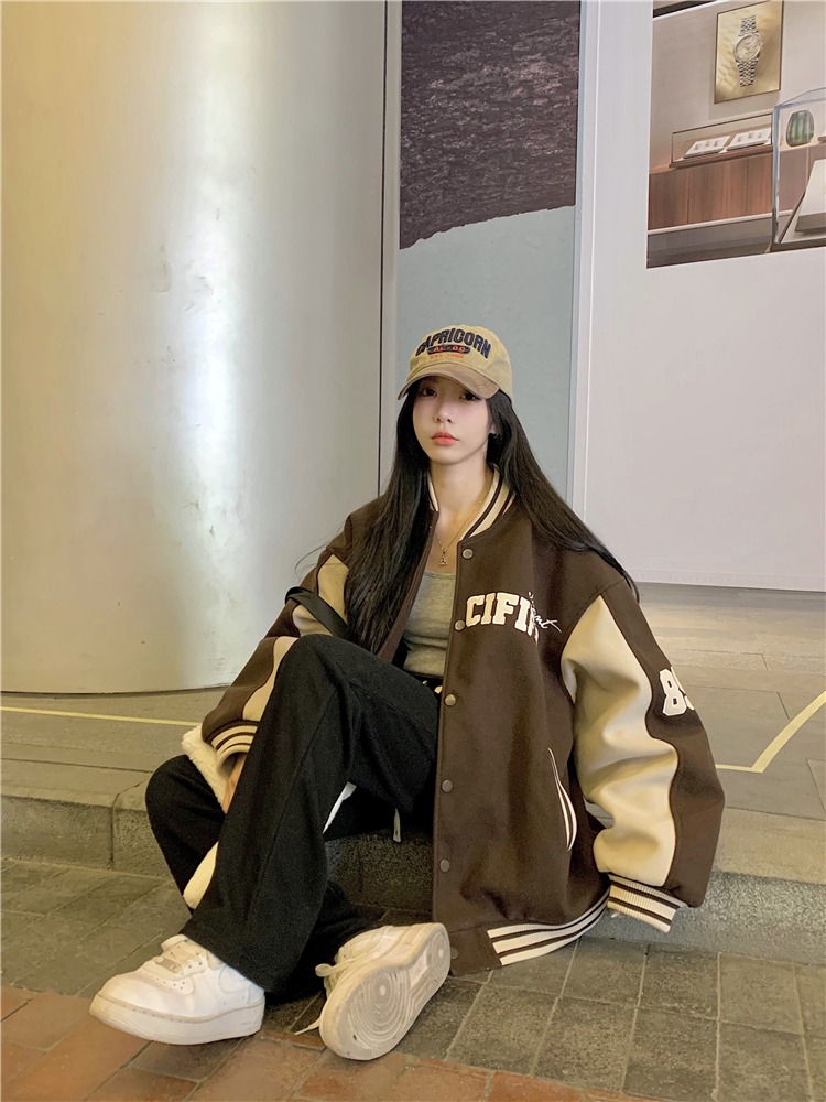 时尚女装~秋冬呢子拼接棒球服复古港风甜酷长袖夹克外套