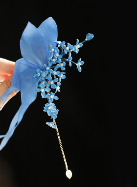 蓝色蝴蝶花朵发夹流苏步摇古风
