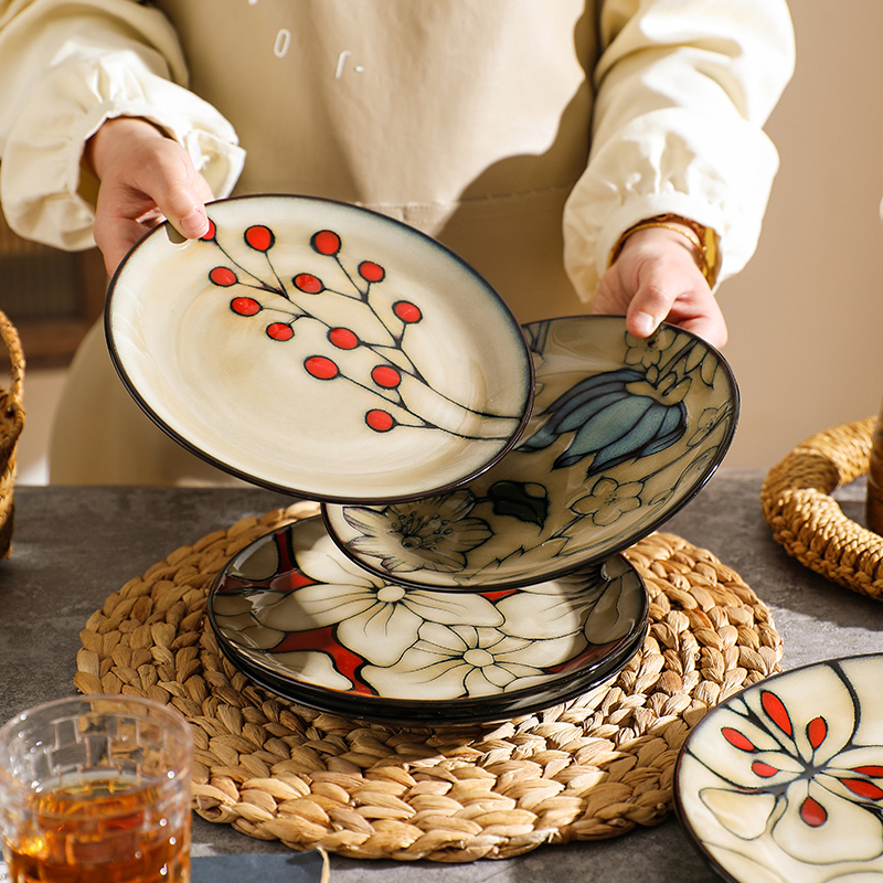 舍里手绘釉下彩盘子创意陶瓷餐具家用菜盘子餐盘高级感西餐牛排盘-图0