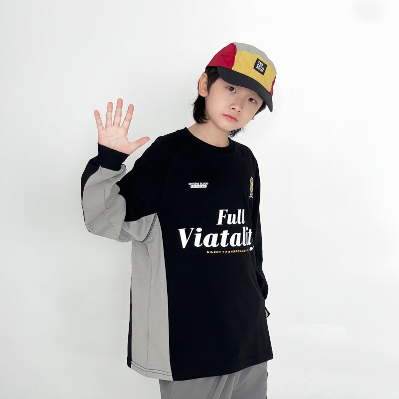 童装卫衣2025秋季新款男童中大童拼接撞色卫衣美式长袖高街潮卫衣