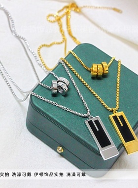 钛钢双层黑色长方牌毛衣链项链