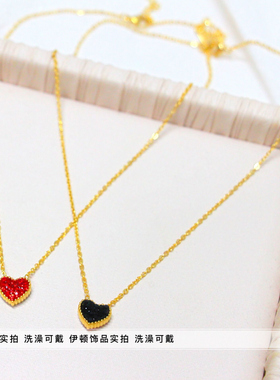 项链钛钢小众锆石红黑爱心锁骨链