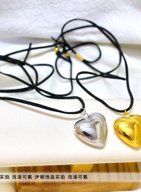 钛钢女韩素希同款爱心黑皮绳项链
