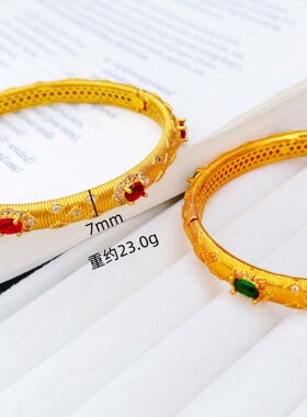 铜合金仿真金中古风拉丝红宝石绿宝石手镯女结婚假三金小众首饰品
