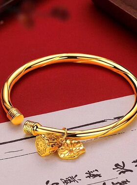 香港纪梵哲沙金饰品新款镂空荷叶莲蓬亮面开口手镯女仿真金实心手