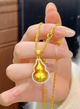 沙金新中式国风点钻可转动葫芦吊坠绿玉髓葫芦套链项链女士锁骨链