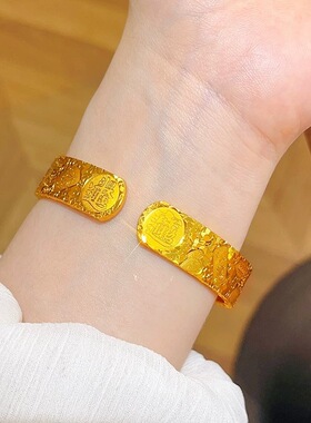 新中式沙金饰品精品莲花碎冰冰吉言开口手镯宽版轻奢实心素圈镯子