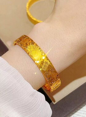 香港纪梵哲铜合金仿真金古法錾刻莲花碎冰冰手镯复古国风招财纳福