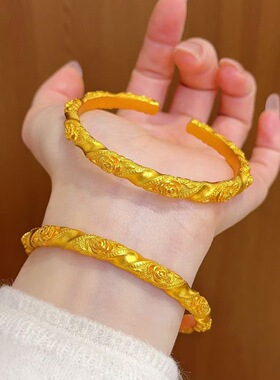 香港纪梵哲铜合金金店同款古法满錾玫瑰花手镯女款浮雕玫瑰素圈开