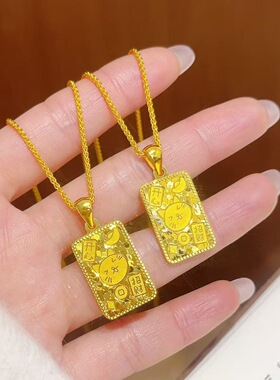 铜镀金国风开心招财猫方牌吊坠项链新中式小众设计感锁骨链送女友