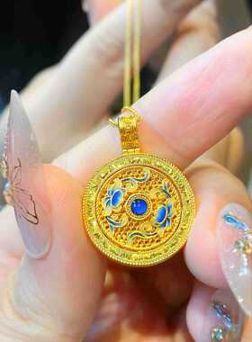 沙金饰品青莲承影碎冰冰旋转青花瓷罗盘珐琅项链国色天香精致挂坠