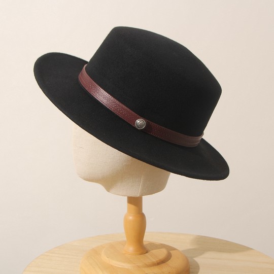 Retro women's black woolen flat brim British wide brim hat
