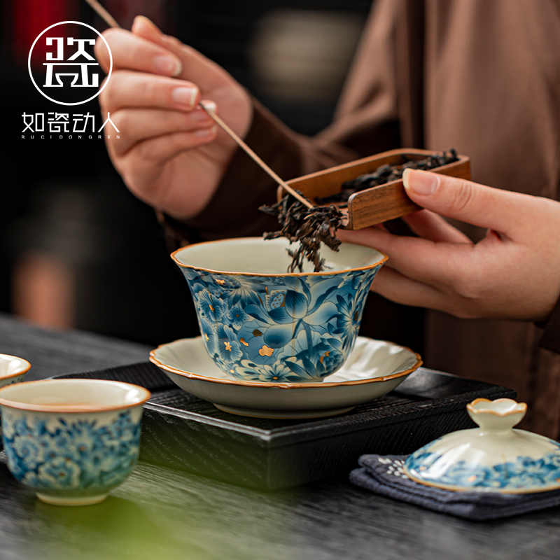 如瓷动人汝窑三才盖碗单个大号高档陶瓷茶具套装青花瓷泡茶碗茶杯-图2