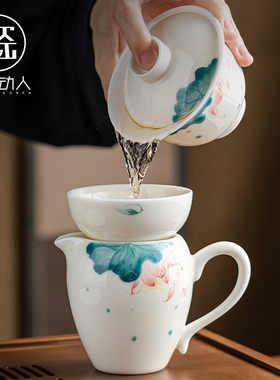 如瓷动人手绘羊脂玉瓷功夫茶具套装家用高档办公室泡茶壶盖碗茶杯