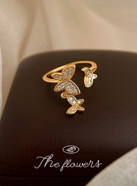 显气质微镶锆石镀真金高保色蝴蝶戒指开口可调节指环高级感优雅女