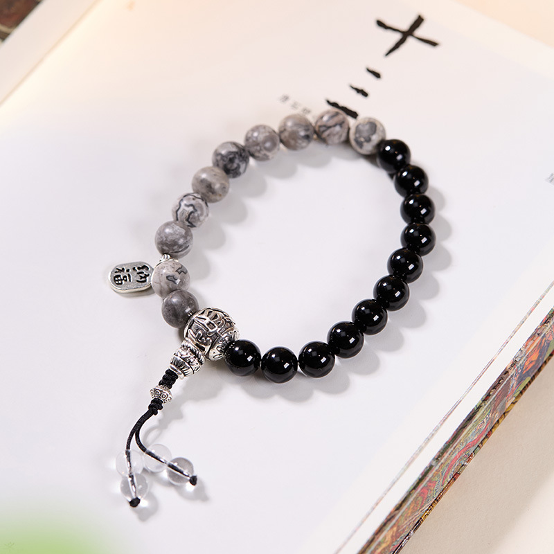 中国风情侣地图石黑玛瑙手串平安顺遂吉祥如意文创寺庙同款手链 - 图0